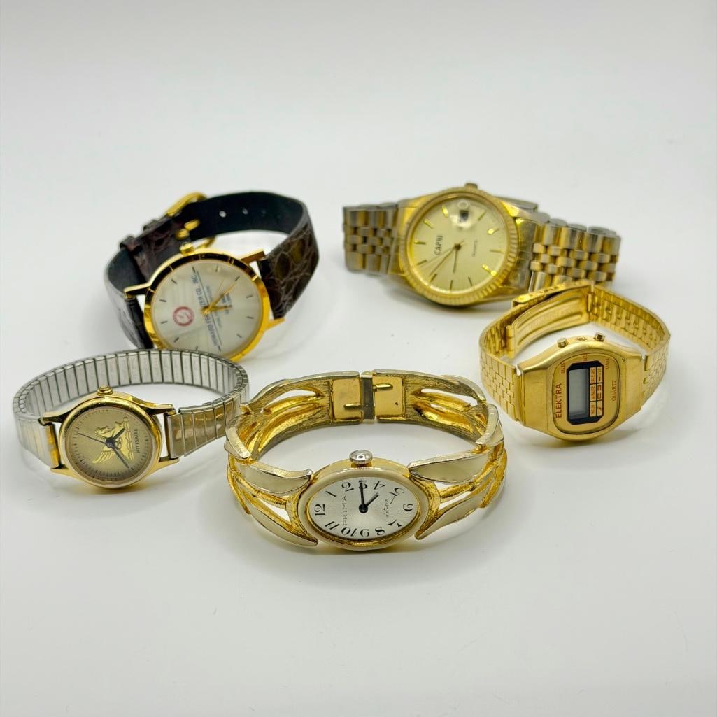 Mixed Lot of 5 Vintage Watches: Mixed Lot of 5 Vintage Watches Lot of 5 mixed watches from various brands and in varying condition. The watches have not been tested, and most likely need new batteries. Approximate size: 6" x
