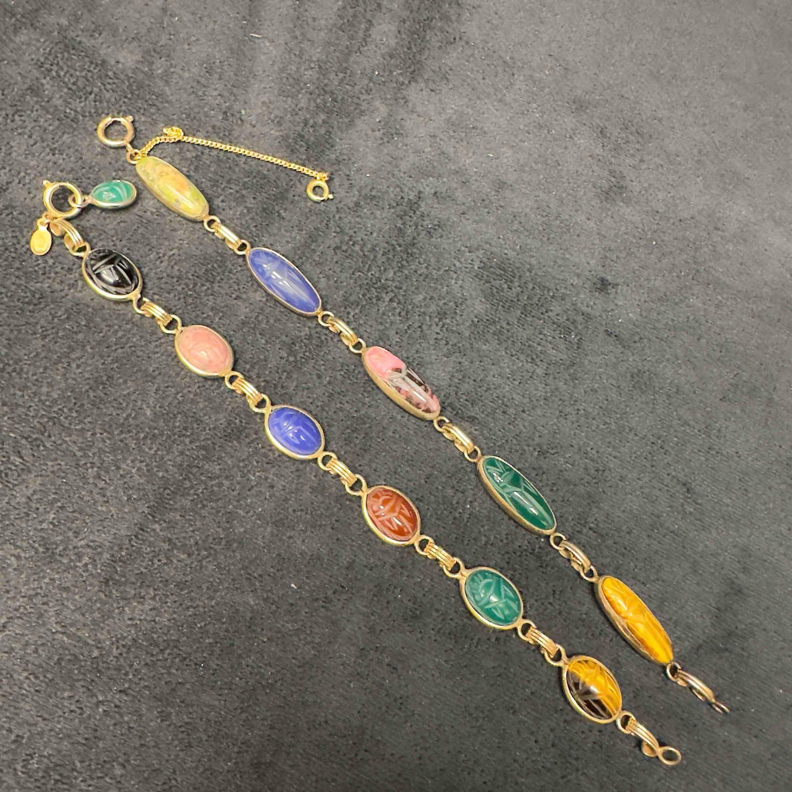Bal Ron 12K Gold Filled Scarab Beetle Egyptian Hieroglyphs Gemstones Bracelet Set I30: Bal Ron 12K Gold Filled Scarab Beetle Egyptian Hieroglyphs Gemstones Bracelet Set I30. Bracelets with multi colored scarab beetle gemstones with beautiful Egyptian hieroglyphs designs on each. The