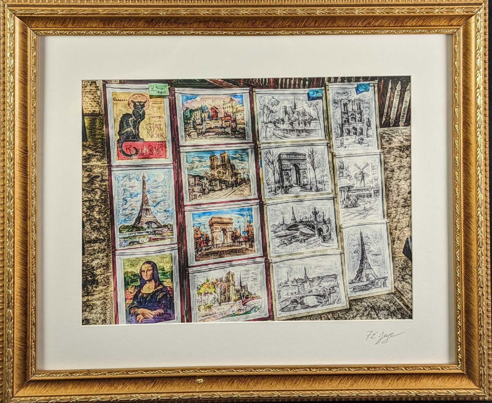 Framed Frank Juge Paris Postcards Photo: Framed Frank Juge "Paris Postcards" Photo. This altered digital photograph was signed by the artist on the bottom right. The framed photo is approx 23" x 1" x 19" and it weighs 4.5lbs. The photo/image