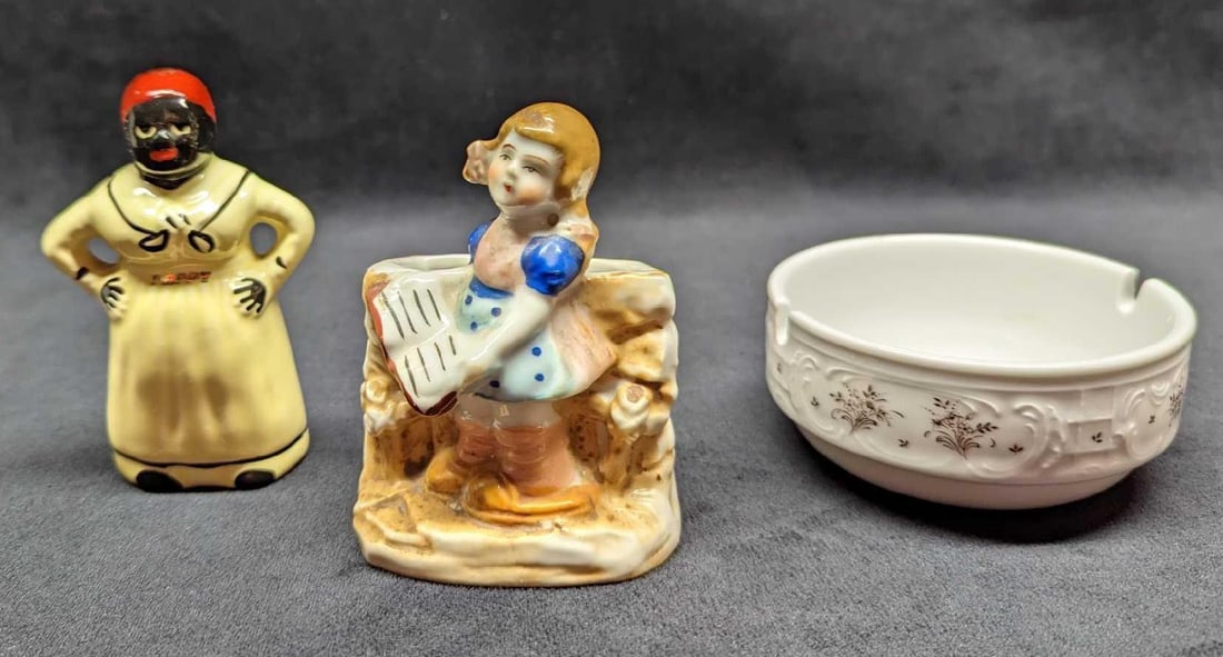 German Ashtray Mammy Pepper Shaker & Girl Planter: German Ashtray Mammy Pepper Shaker & Girl Planter. This lot includes: (1)Bauscher Weiden Germany Porcelain Ashtray. This is approx 3 3/4" x 3 3/4" x 1 3/4" and it weighs 0.46lb. There 