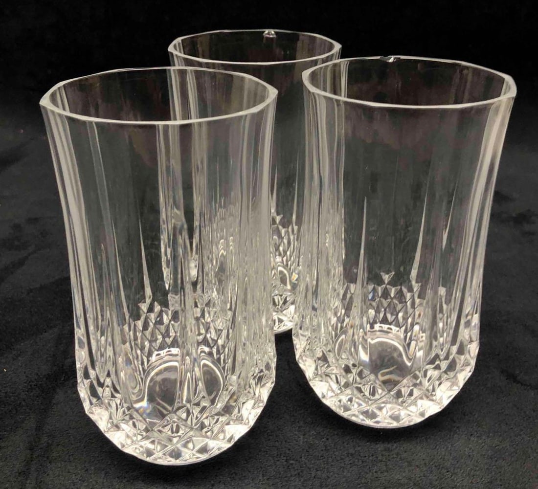 Three Crystal Highball Glasses: This lot contains Three Crystal Highball Glasses. Each glass is approx 3" x 3" x 5 1/4" and altogether they weigh about 3.1lbs. Overall the glasses are in good used condition with some light wear