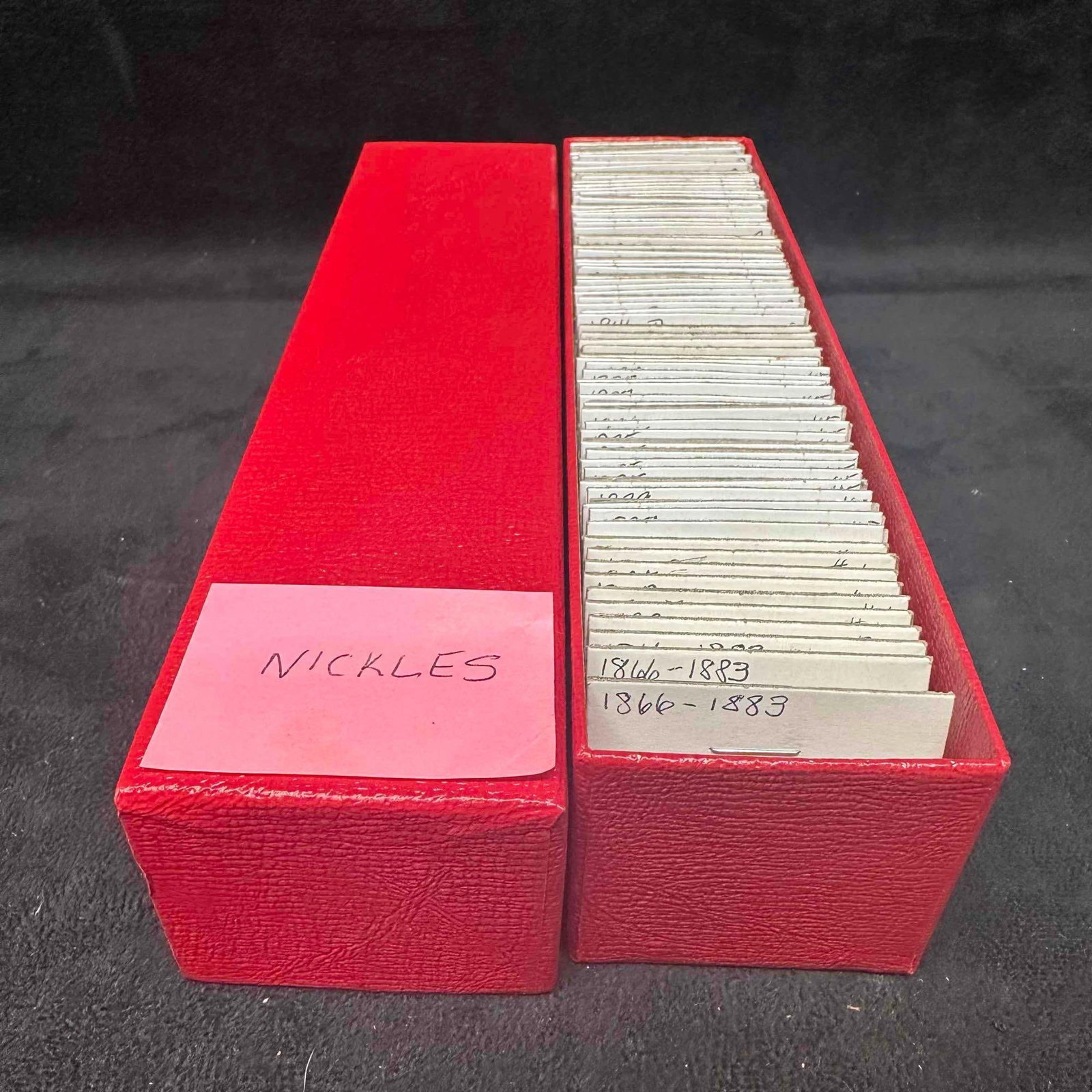 Collection of U.S. Nickels 1866-1960 in Red Storage Box Liberty Buffalo and Jefferson: Large collection of U.S. nickels spanning 1866 through 1960, housed in a red storage box with individual 2x2 holders labeled by date and mint mark. The assortment includes early Liberty Head (Shield) 