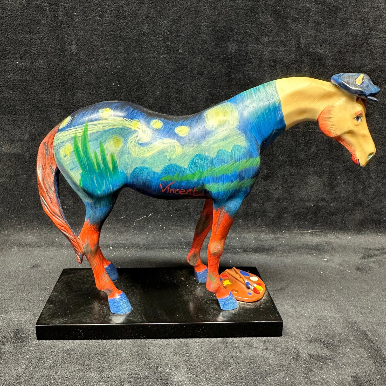 The Trail Of Painted Ponies Go Van Gogh Figurine: Limited edition Go Van Gogh horse figurine from The Trail of Painted Ponies collection, item no. 1472. Features hand painted Vincent van Gogh inspired decoration with artist palette detail on black ba