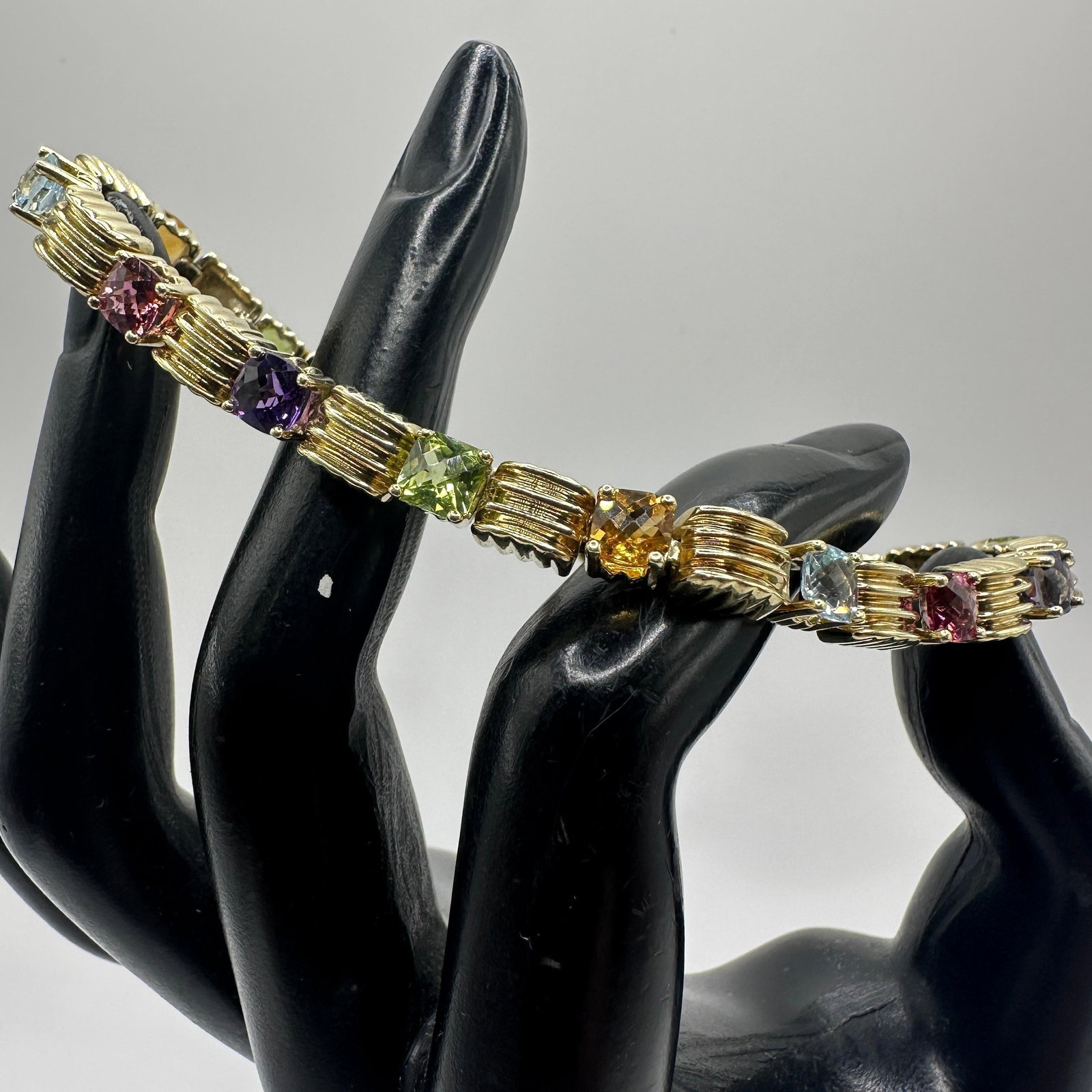 14K Gold Tennis Bracelet Square Cut Multi Gemstones: This item is in good pre-owned, previously used/displayed condition with noticeable light wear and surface scratches. Please reference all photos for full details. This piece of jewelry has been teste