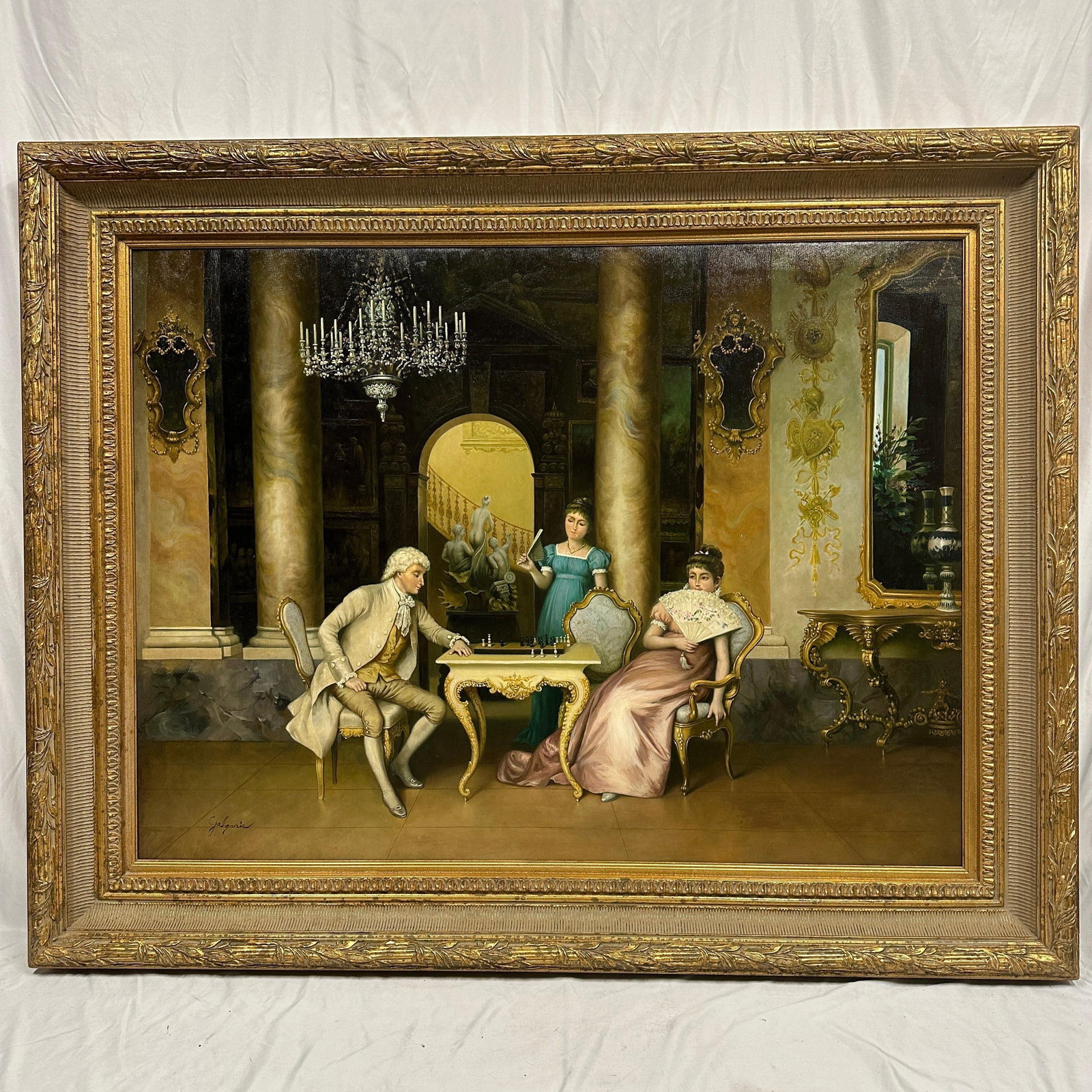 Large Canvas The Chess Game Signed Oil Painting Ornate Gilt Frame Neoclassical Style R235: Large signed oil on canvas interior genre scene painting depicting elegantly dressed 18th-century style figures gathered around a chess table within an ornate palace setting. Signed by an unknown arti