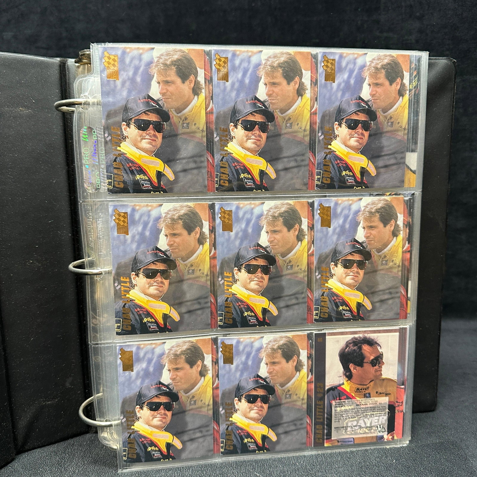 1990s Upper Deck And Press Pass NASCAR Trading Card Binder Collection Duplicates: Large NASCAR trading card collection housed in a black binder with protective card pages. Over 46 full and patial pages of cards. Includes numerous duplicate cards from 1994 Upper Deck, Press Pass VIP
