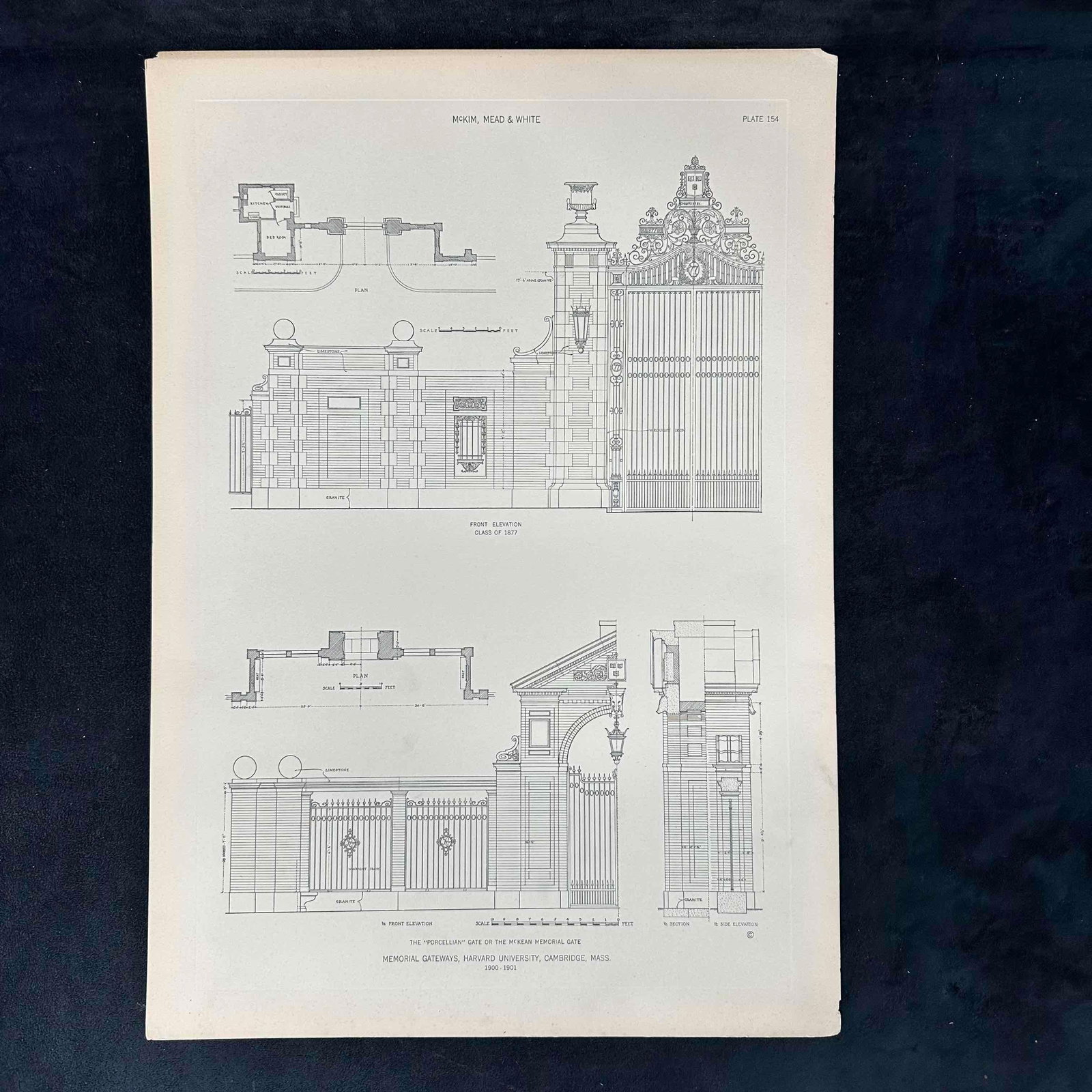 McKim Mead and White Architectural Print The Wetherell Gate Harvard University Memorial Gateways: Crisp black line work on cream paper with slight edge toning consistent with age. A few rips and tears on this print. This item is in pre-owned previously displayed condition, with worn corners, minor