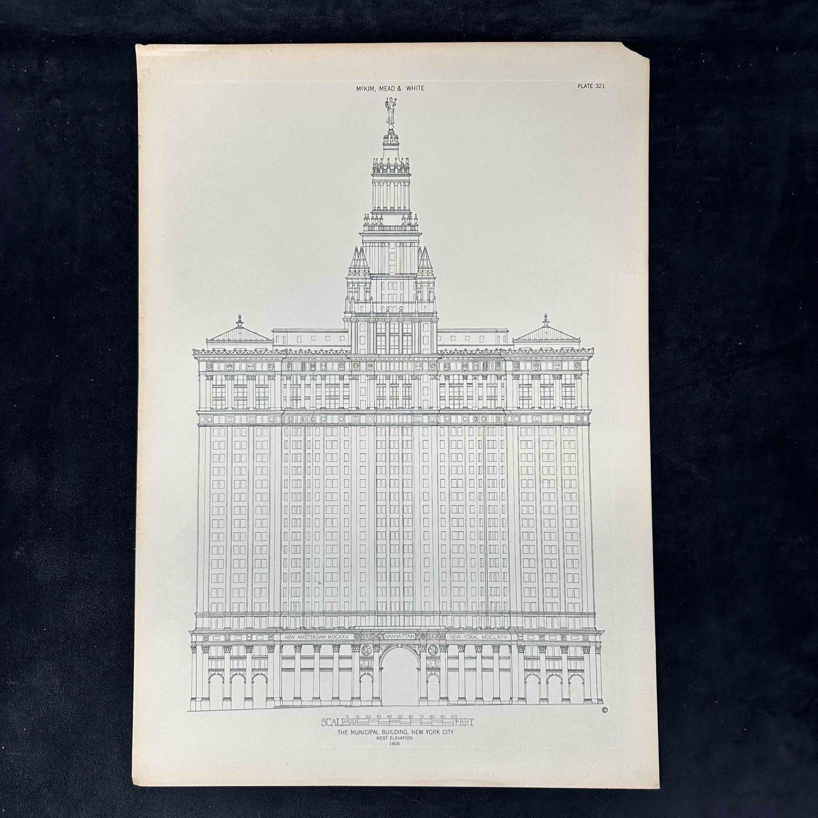 Architectural Print McKim Mead & White Municipal Building NYC West Elevation Plate 321: Original 1908 architectural print featuring the west elevation of the New York City Municipal Building, designed by McKim, Mead & White. Plate 321. Crisp line work, light age toning, and minor cor