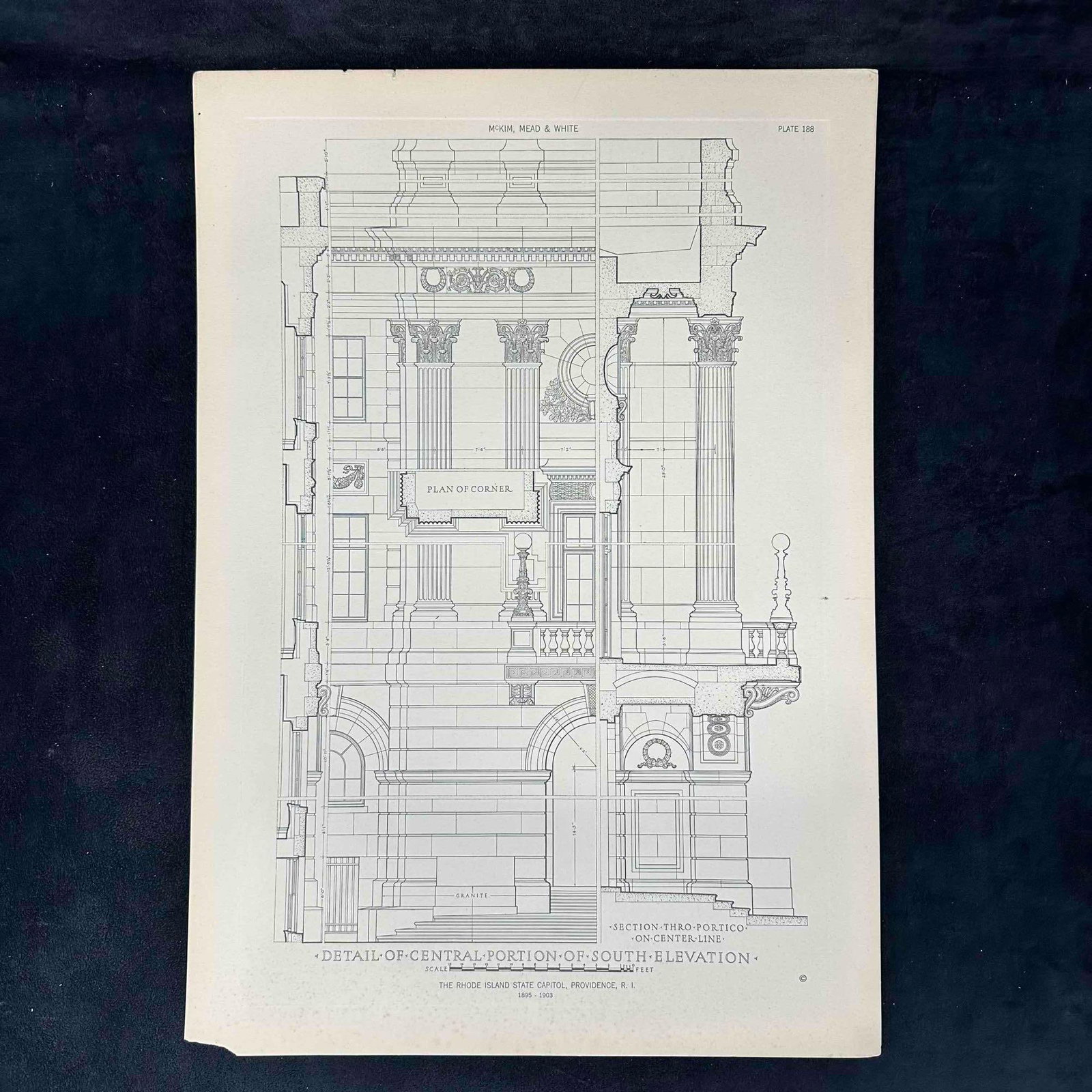 Architectural Print McKim Mead & White Rhode Island State Capitol Providence RI: Original architectural plate by McKim, Mead & White depicting the detailed central portion of the south elevation and portico of the Rhode Island State Capitol in Providence. Dated 1895–1903, th