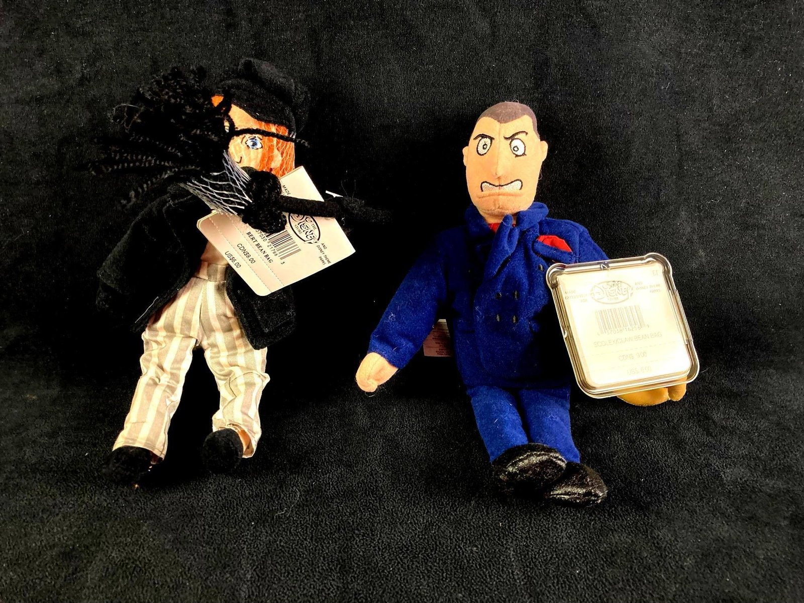 Set of (2) Disney Bean Bag Dolls Bert & Scolex: Up for auction are recent estate finds, two Disney bean bag dolls in particular Scolex from Inspector Gadget and Bert from Mary Poppins. These came from a twenty year collection of Disney items. This 