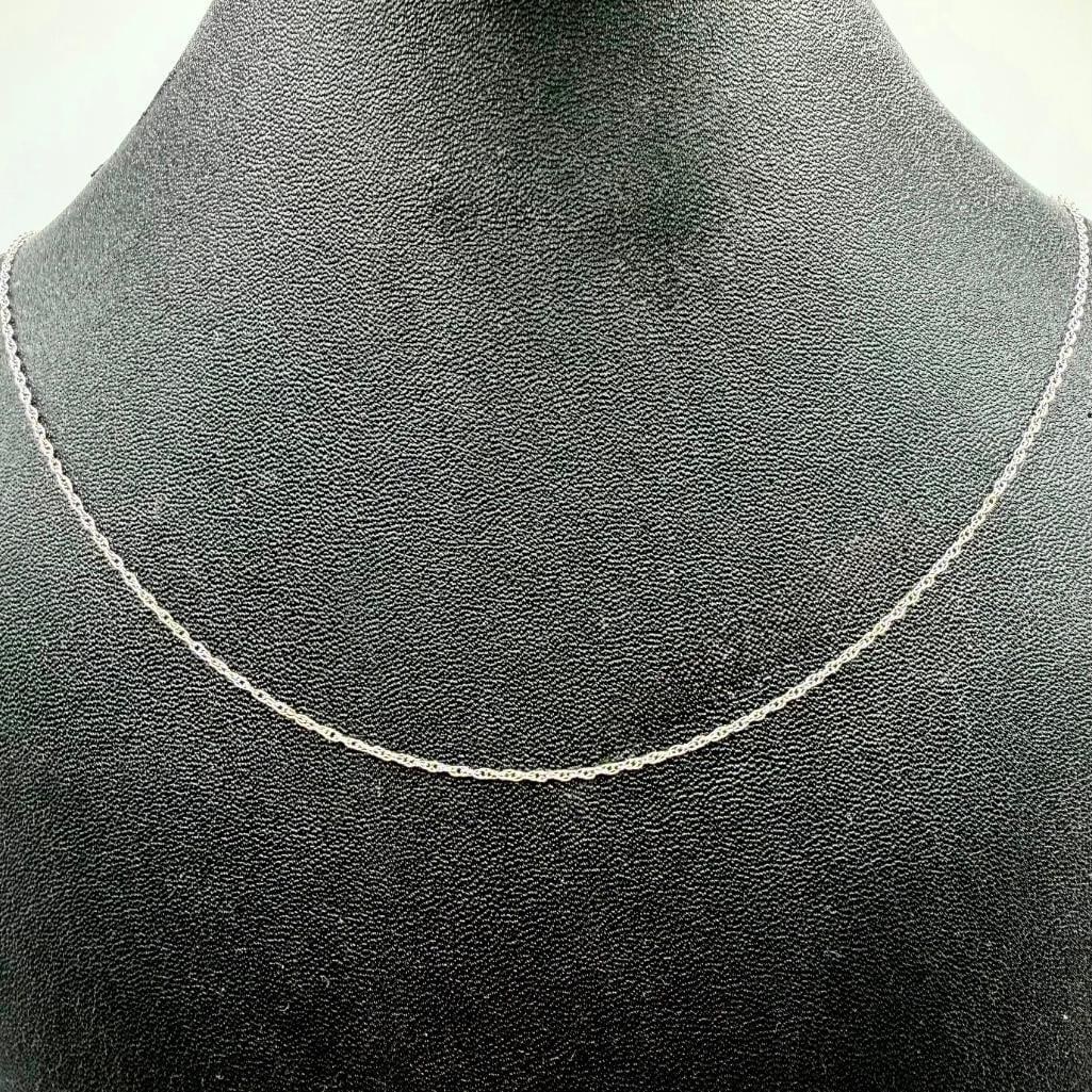 14k White Gold Rope Chain 24": This piece of jewelry has been tested and researched prior to listing. Please view all our pictures they are part of our description. DETAILS: Metal - 14k Gold Color - Silver/White Gold Stones - none 