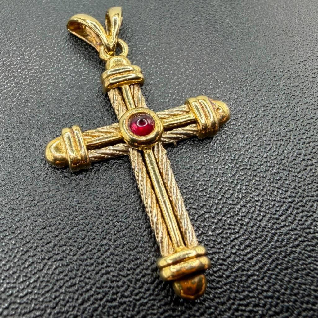 14k Gold Two-Tone Cross Pendant W/ Ruby Cabochon: This piece of jewelry has been tested and researched prior to listing. Please view all our pictures they are part of our description. DETAILS: Metal - 14k Gold Color - Yellow Gold Stones - Ruby caboch