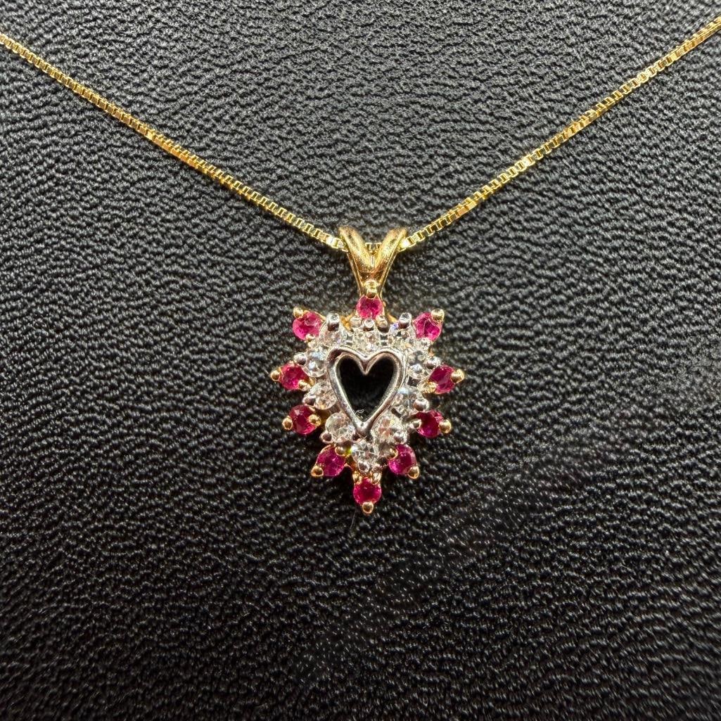 14k Gold Diamond Ruby Heart Pendant Necklace: This piece of jewelry has been tested and researched prior to listing. Please view all our pictures they are part of our description. DETAILS: Metal - 14k Gold Color - Yellow Gold Stones - Rubies, Dia