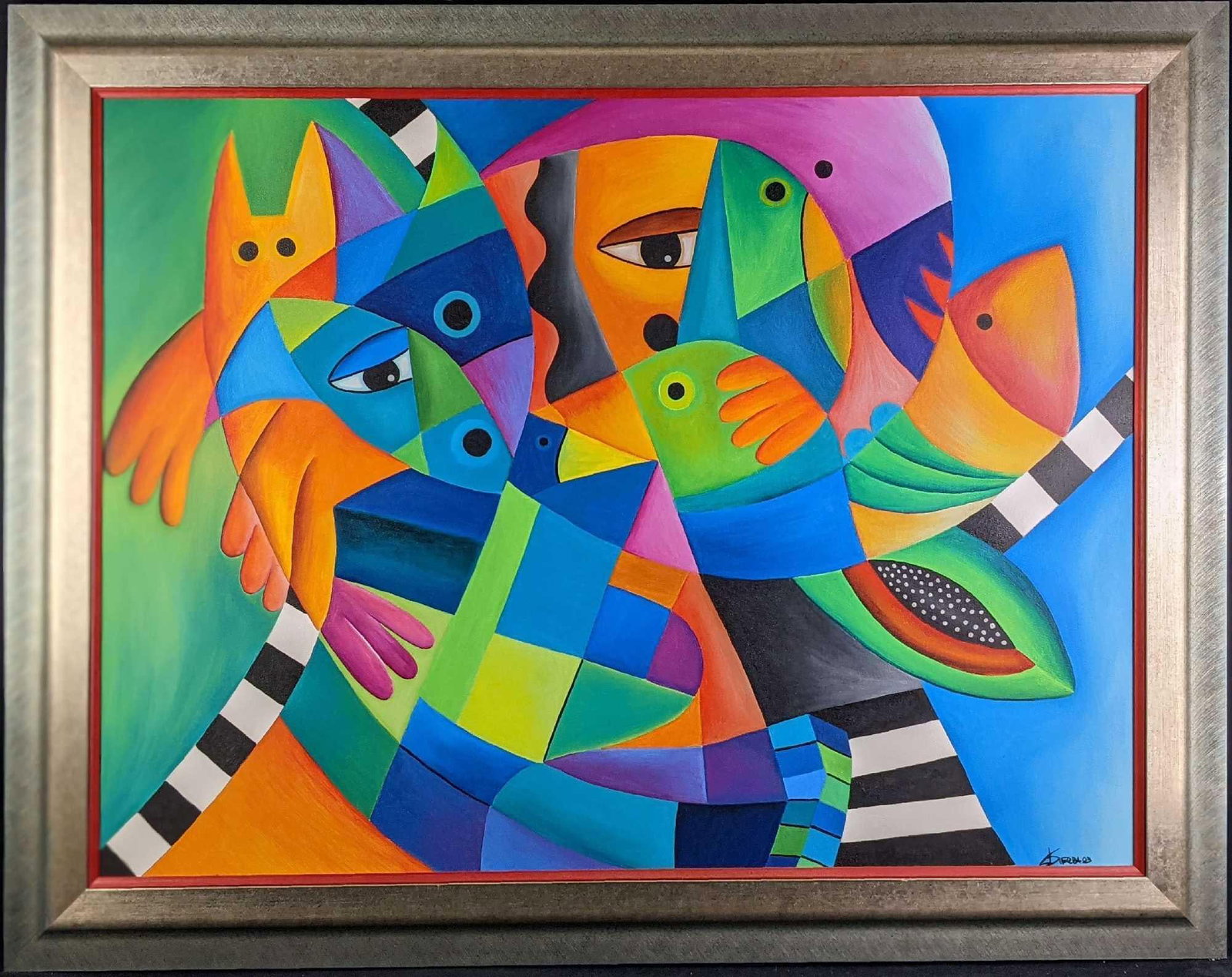 Framed Original Dania Sierra Acyclic On Canvas "The Birds": Framed Original Dania Sierra Acyclic On Canvas "The Birds". Framed canvas is approx 45 1/2" x 2" x 37" and is in a good, used condition with some wear on the frame and a small chip