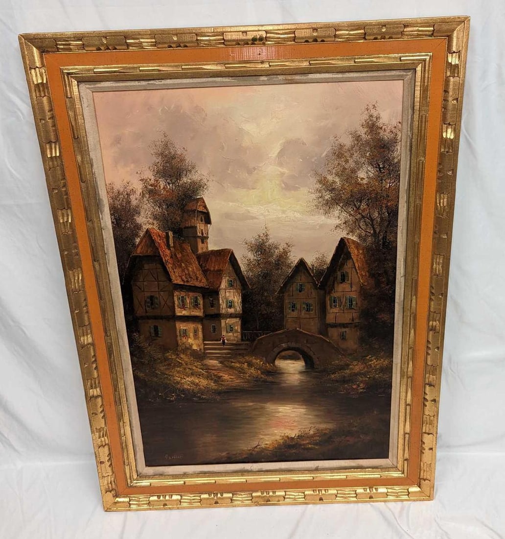 Framed Marineri Original Oil On Canvas Village & Bridge: Framed Marineri Original Oil On Canvas Village & Bridge. This framed original is approx 32" x 1 1/8" x 43 7/8" and it weighs 9.10 lbs. The framed original is signed on the bottom left of the canvas.&n