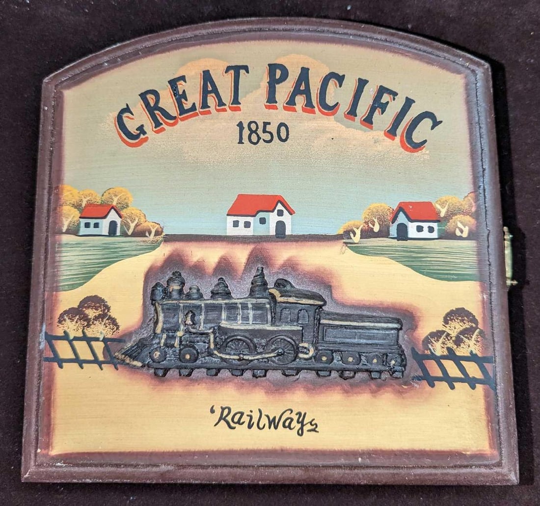 Great Pacific Railway Wooden Key Holder Box: Great Pacific Railway Wooden Key Holder Box. The hand-painted wooden box is approximately 7 7/8" x 1 3/4" x 7 1/2" and it weighs 1.21lb. There is some wear and some paint loss on the front.