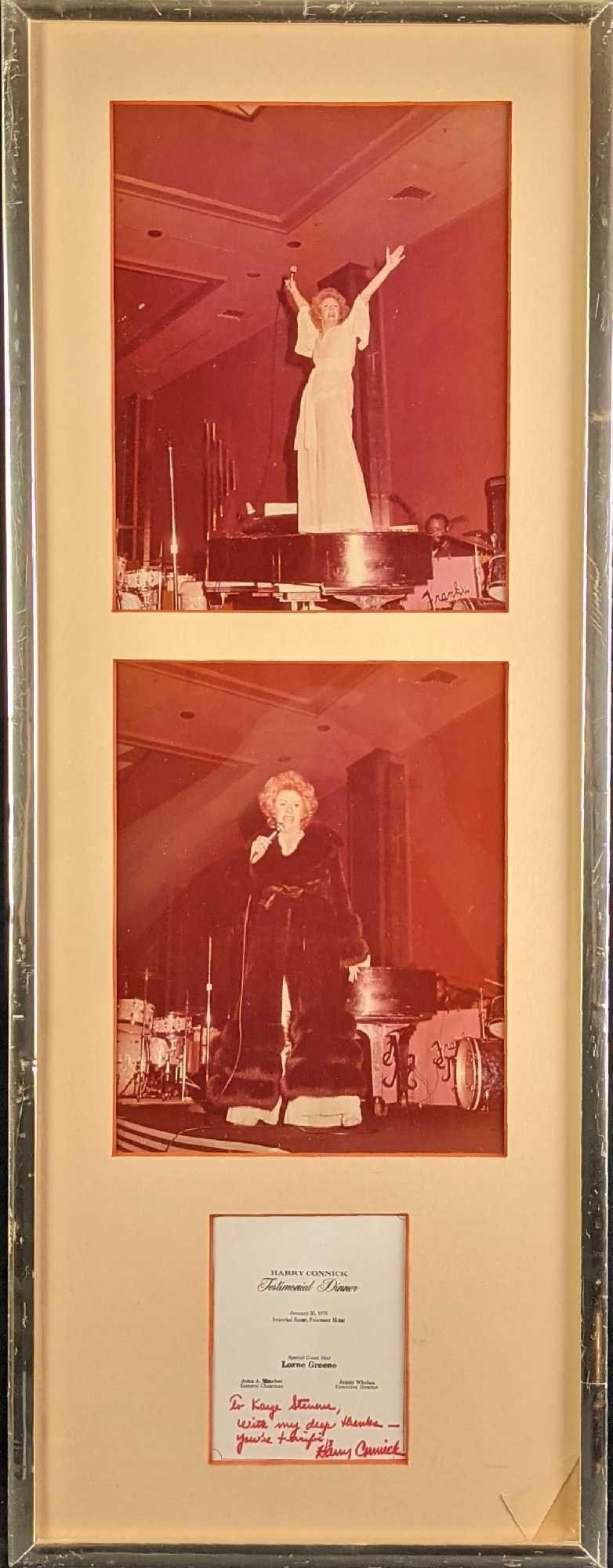 Harry Connick Autographed Testimonial Dinner Card Kaye Stevens: Harry Connick Sr Autographed Testimonial Dinner Card. Was signed for American singer and actress, Kaye Stevens. Includes two vintage photos of Kaye Stevens. Signed framed card and 