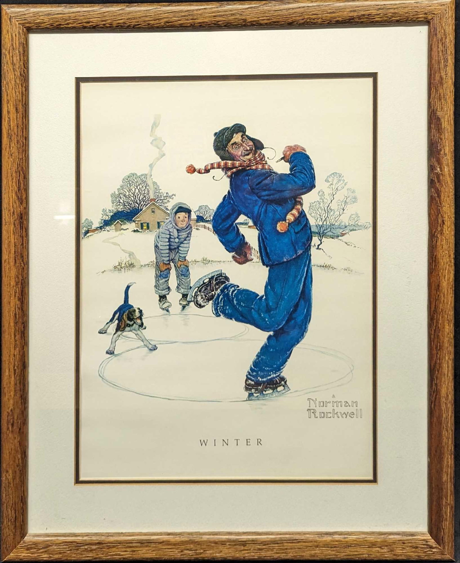 Vintage Framed Norman Rockwell Winter Print.: Vintage Framed Norman Rockwell Winter Print. The framed print is approx 17 1/2" x 3/4" x 21 3/4" and it weighs 4.20 lbs. The framed print has some wear and scratches and some light markings on the ple