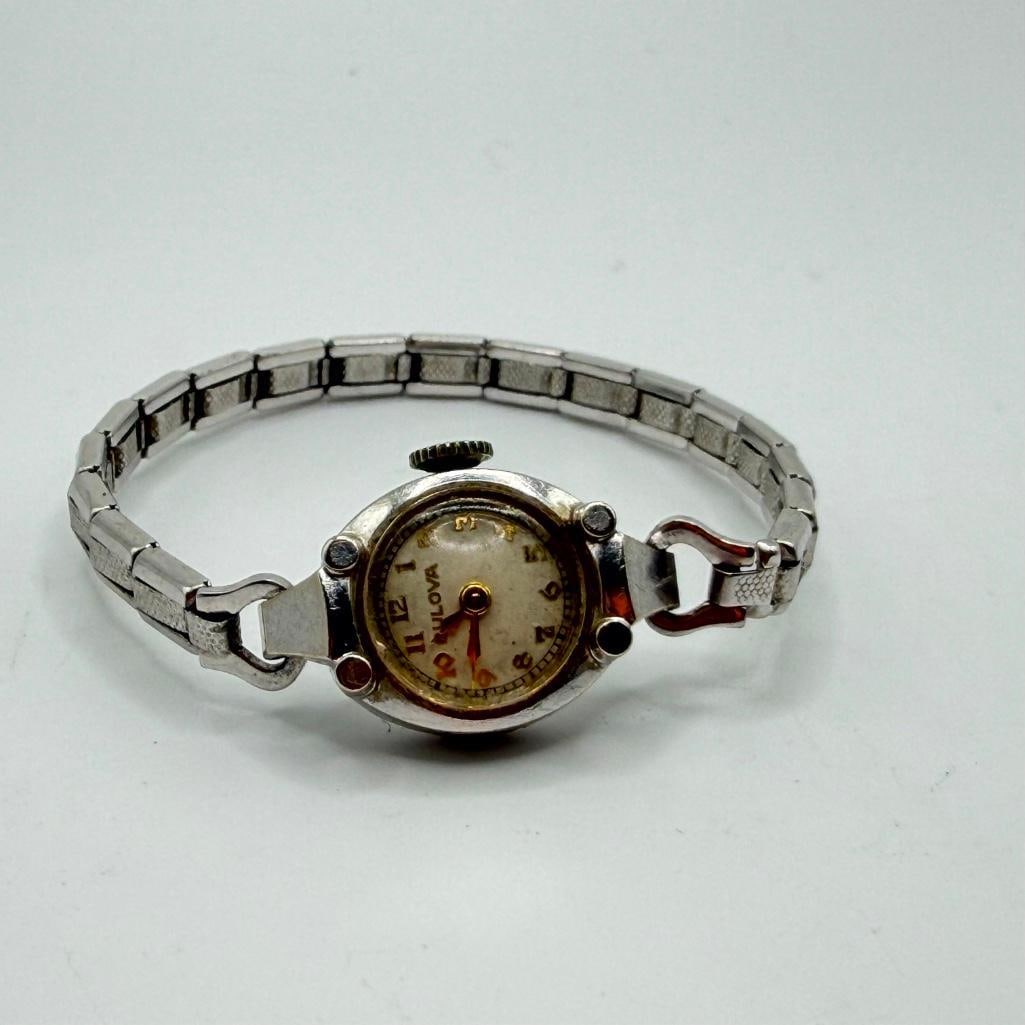 1954 Bulova Ladies 17 Jewel Watch With 14k White Gold Case: This piece of jewelry has been tested and researched prior to listing. Please view all our pictures they are part of our description. DETAILS: Metal - 14k Gold (case), Gold-Filled (bracelet) Color - S