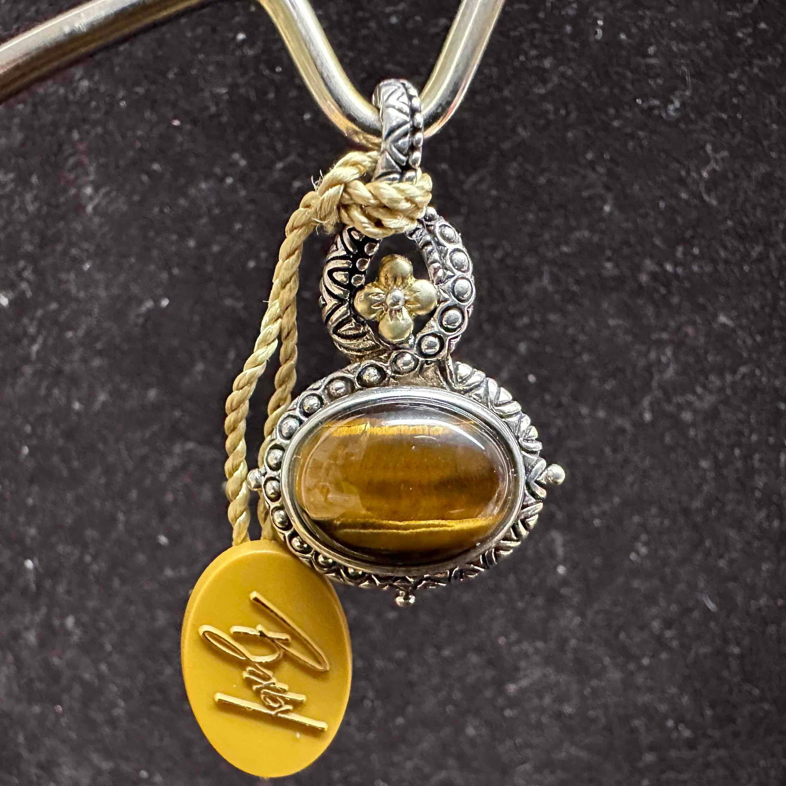 Barbara Bixby Tiger's Eye 18K Gold Sterling Silver Charm Pendant: This item is in good pre-owned, previously used/displayed condition with noticeable light wear, and surface scratches. Please reference all photos for full details. This piece of jewelry has been test