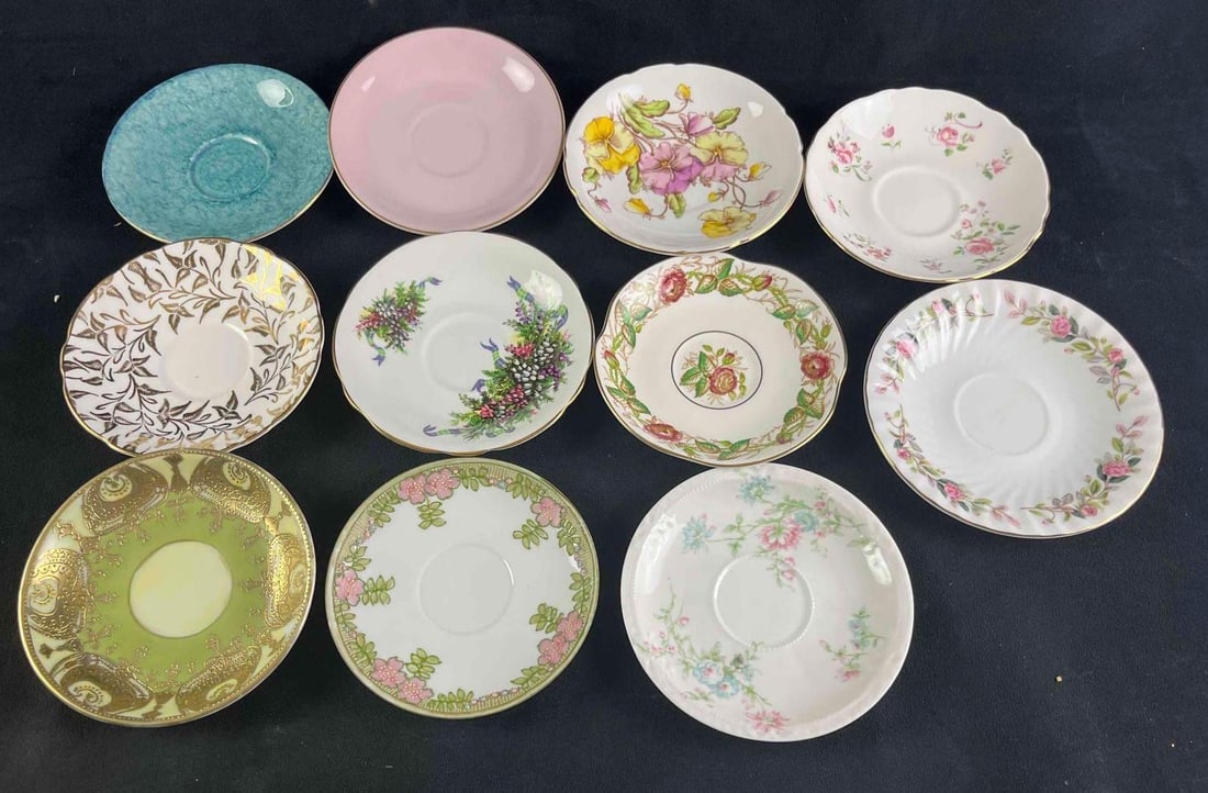 Assorted Tea Saucers 11 China Saucers: Assorted Tea Saucers 11 China Saucers This lot consists of 11 saucers with assorted designs. The saucers do not come with teacups. They are all in good condition with some vintage wear like small