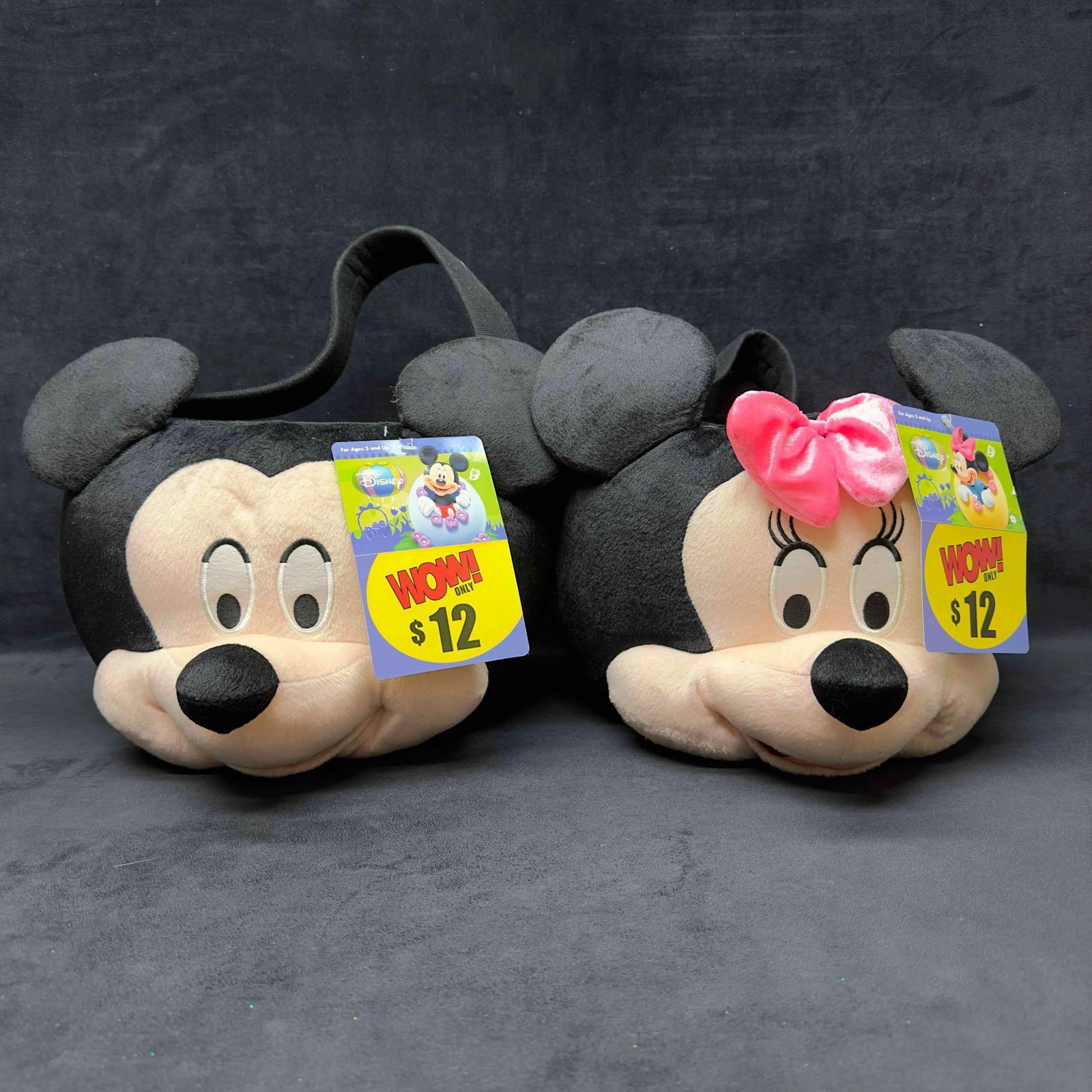 Disney Kcare Mickey and Minnie Mouse Head Face Large Easter Basket Set: Disney Kcare Mickey and Minnie Mouse Head Face Large Easter Basket Set. This lot includes two large Easter baskets featuring Mickey and Minnie Mouse's face/head. The black in color Easter baskets 