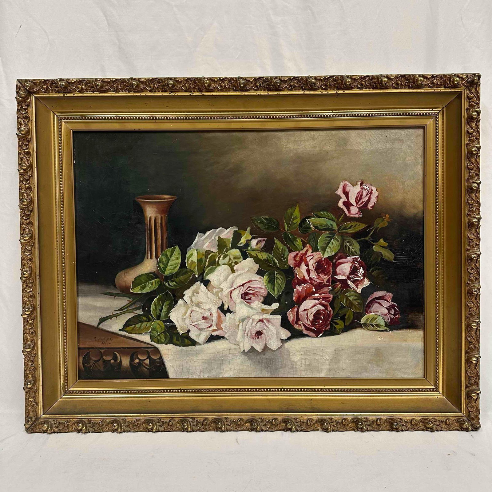 P. Whitford 1906 Oil Painting on Canvas Framed Floral Flower Center Piece Still Life 19th Century: P. Whitford 1906 Oil Painting on Canvas Framed Floral Flower Center Piece Still Life. Featuring a bouquet or roses and a vase, set against a dark, muted background. The roses, in shades of white, pink