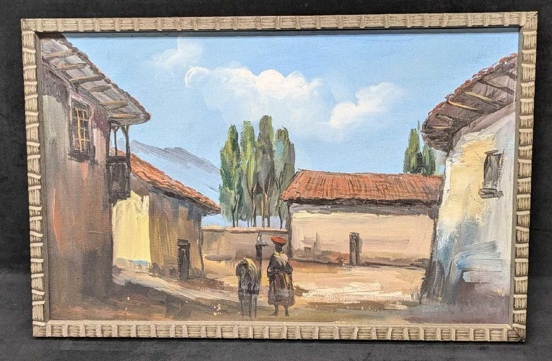 Framed Vintage Oil On Canvas Man & Llama R72: Framed Vintage Oil On Canvas Man & Llama R72. This is approx 29 1/2" x 1 1/2" x 19" and it weighs 3.30lbs. There are some markings on the canvas and on the back of the canvas. Please see the images as