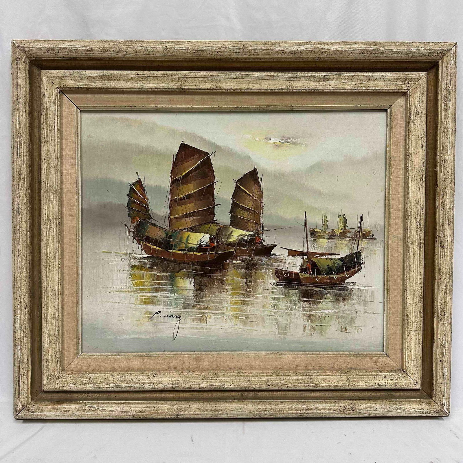 P. Wong Oriental Chinese Fishing Junk Boats Oil on Canvas Painting Framed Artwork J (1 of 10)
