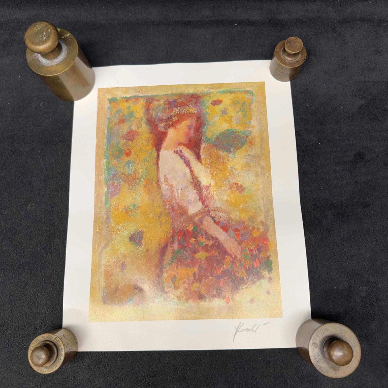 Hua Chen Gathering Blossoms Seriolithograph Print Signed: Hua Chen Gathering Blossoms Seriolithograph Print Signed. Seriolithgraph in color on archival paper. Print signed in the plate. Light noticeable creases. Includes original Park West Certificate of Aut
