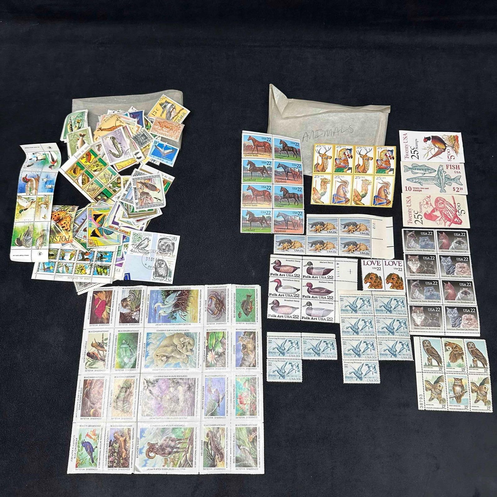 Stamp US and Foreign Stamps Collection Mixed Lot Animal Theme: Most of the international foreign stamps have been canceled. The US American stamps are able to be used for Mailing. A few US stamp books included. Large collectors stamp collection. These items are i