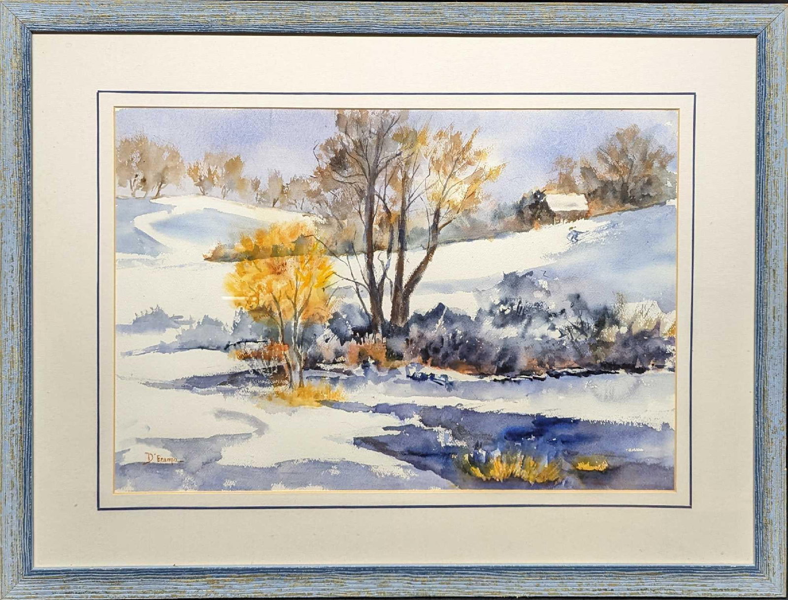 Framed Original Watercolor On Paper Trees (F52): Framed Original Watercolor On Paper Trees (F52). This is signed by the artist (D'Eramo ) on the bottom right. The framed original is approx 29 1/2" x 1" x 22 1/4" and it weighs 7lbs. The framed origin