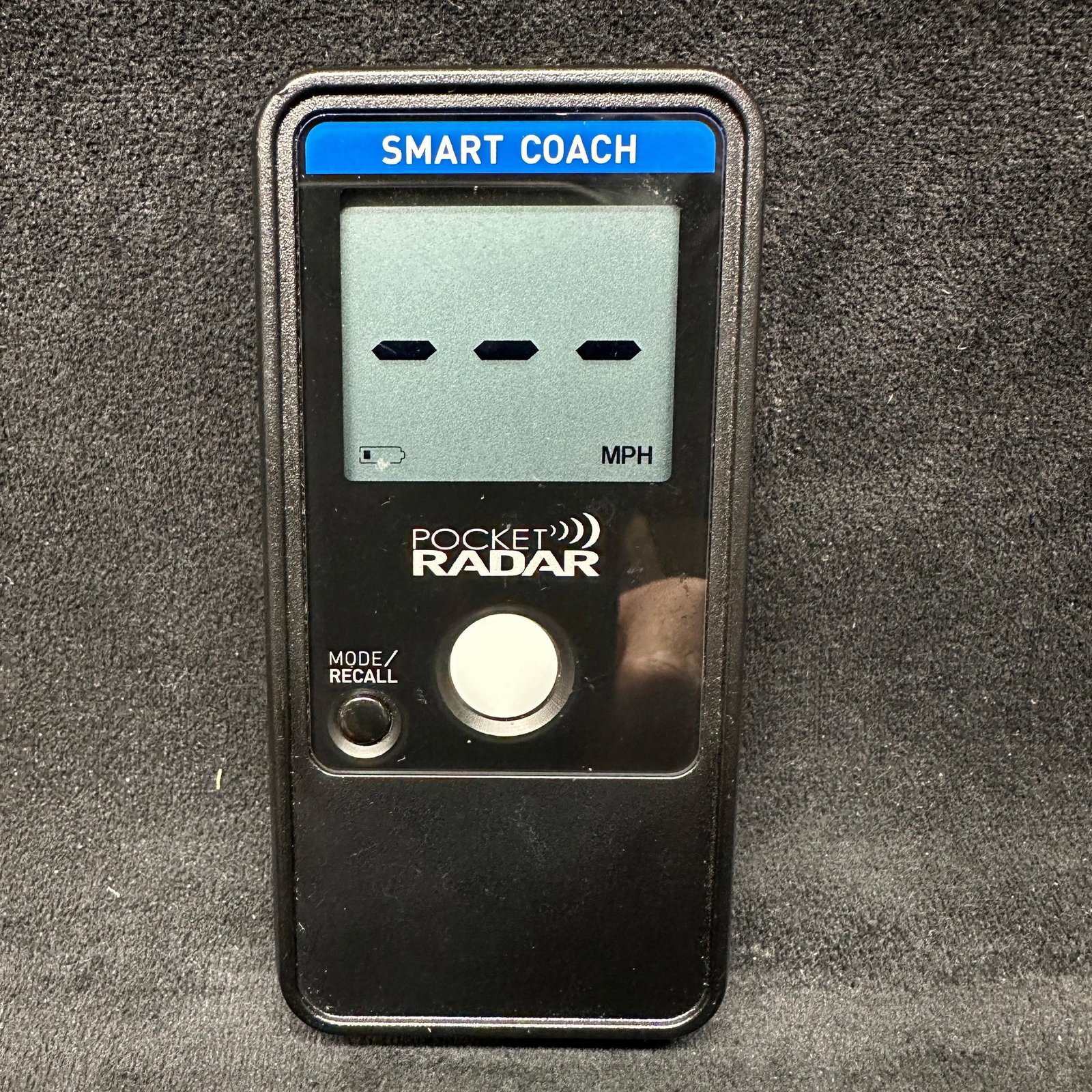 Pocket Radar Smart Coach SR1100 Handheld Speed Radar Gun: Pocket Radar Smart Coach handheld speed radar unit, model SR1100, compatible with Pocket Radar Sports App. Digital display measures speed in MPH and unit powers on and displays readings as shown in ph