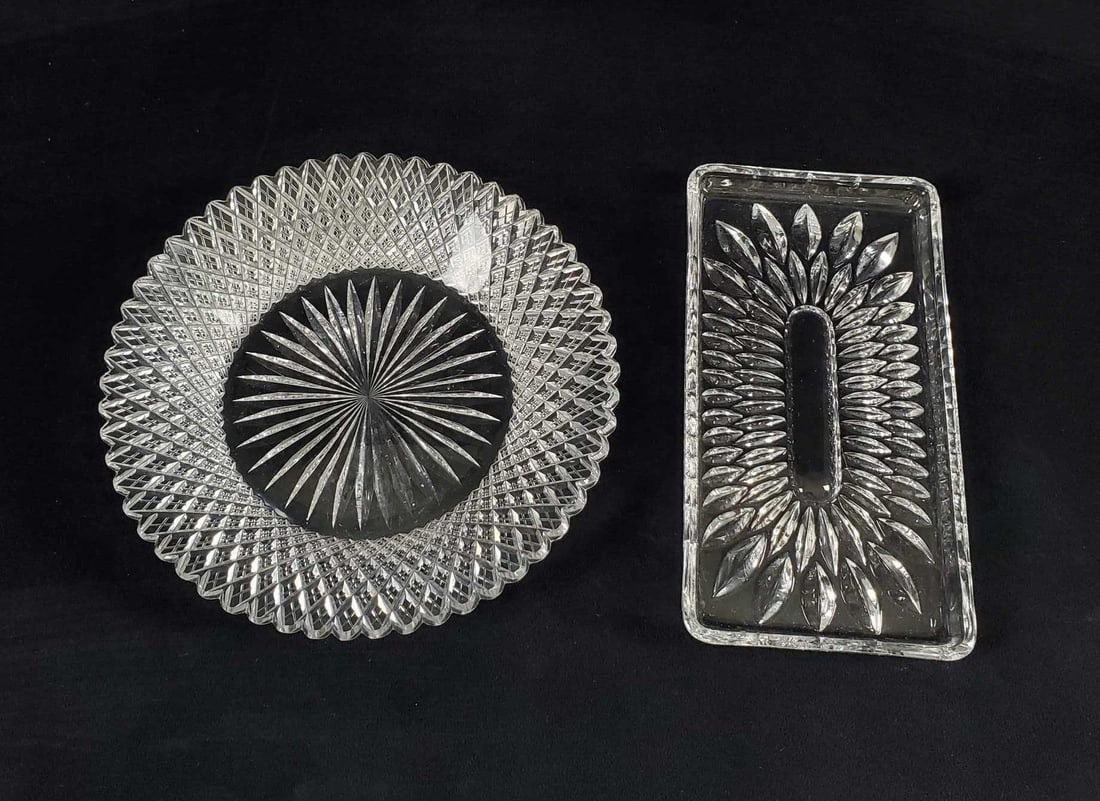 Vintage Heavy Glass And German Crystal Lot Of Two: This lot includes: (1) Crystal Tray Nachtmann West Germany. 24 % Lead Crystal. Tray is approx 7 1/2 x 4". Tray is in good,vintage condition with only minor wearing on crystal but no known damage. 