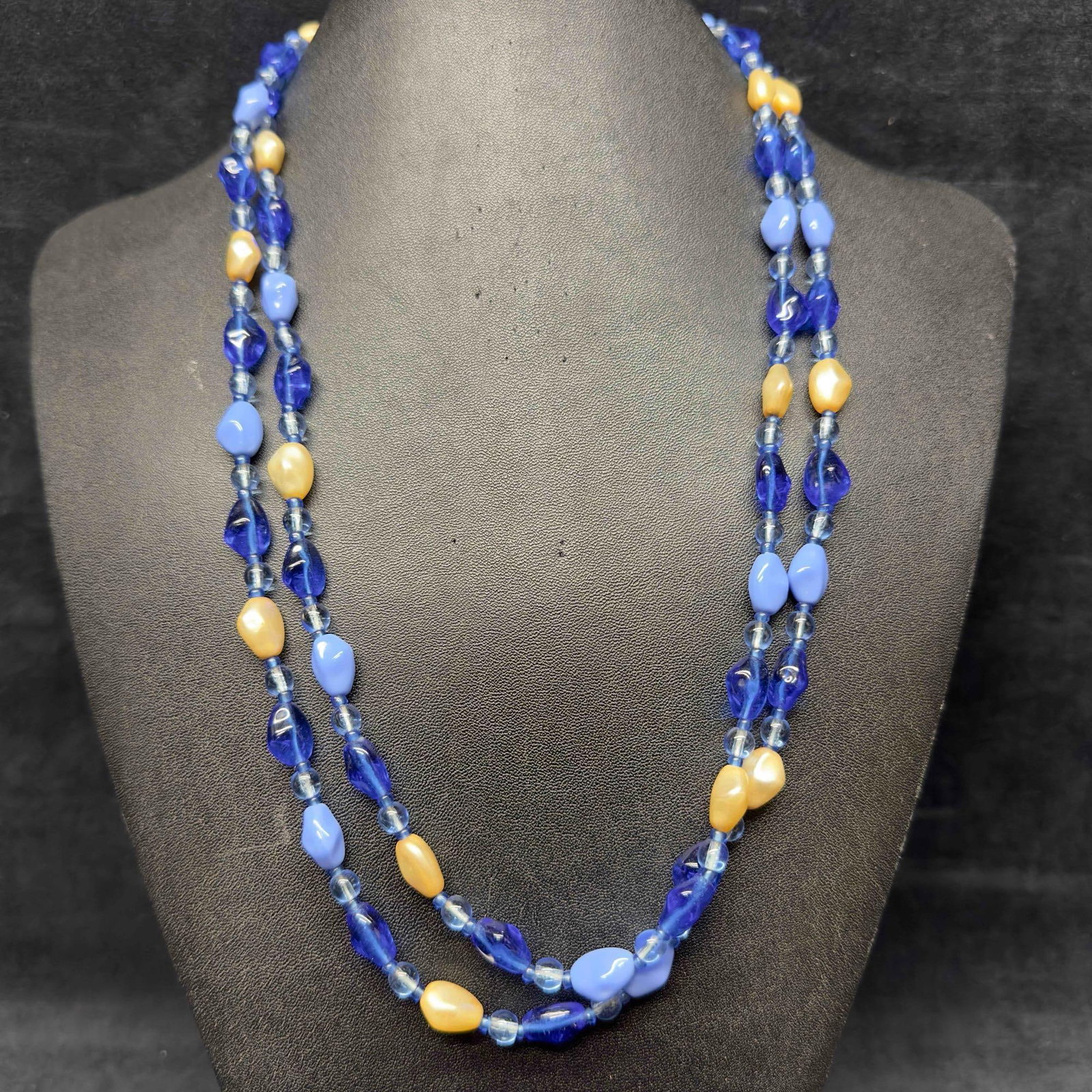 Venetian Murano Lamp Work Glass Art Various Blue Colors Beaded Long Necklace E65 (1 of 9)