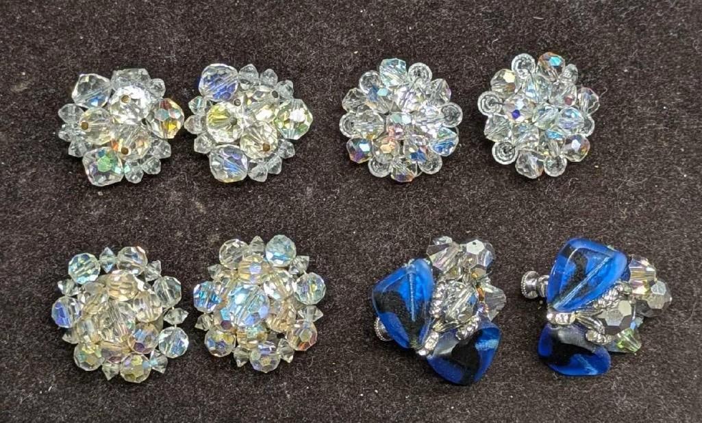 Vintage Vendome Glass Cluster And AB Crystal Cluster Clip On Earrings: Vintage Vendome Glass Cluster And AB Crystal Cluster Clip On Earrings. This lot includes: (1) Set Of Vendome Silver Tone Glass Cluster Clip On Earrings. Each is approx 1" x 1" x 3/4". (3) 