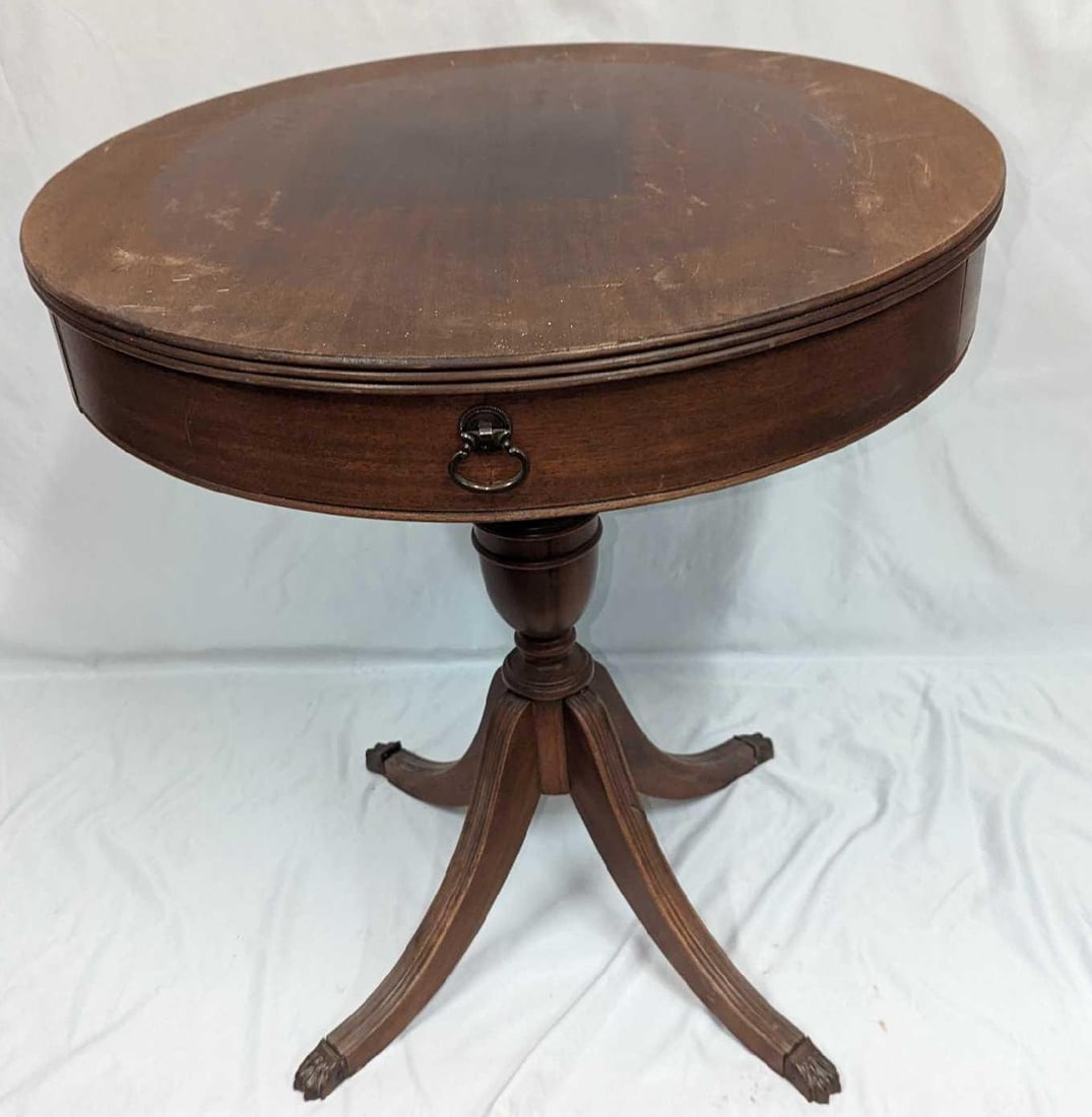 Vintage Mahogany Wood Brandt Drum Table: Vintage Mahogany Wood Brandt Drum Table. This is approx 24" x 24" x 26 3/4" and it weighs 20 lbs. The table has some scratches and there is some discoloration on the top as an item had been place