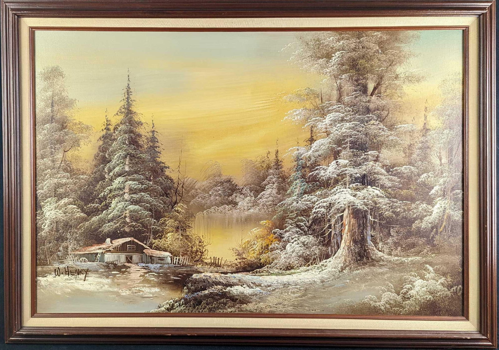 JB Original Oil On Canvas Mountain Landscape: Framed Original Oil On Canvas Of A Mountain Landscape. The original is signed by the artist on the bottom left. The framed original is approx 41" x 2" x 29" and it weighs 5lbs. The canvas is appr