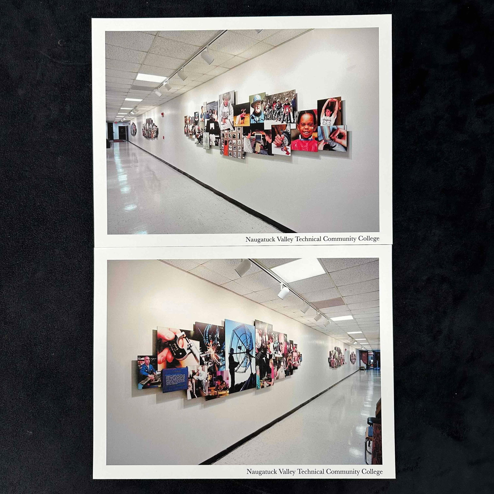 Pair of Naugatuck Valley Technical Community College Hallway Photo Prints: Set of two medium-format photographic prints depicting hallway installations at Naugatuck Valley Technical Community College. The images capture vibrant wall-mounted photo collages highlighting