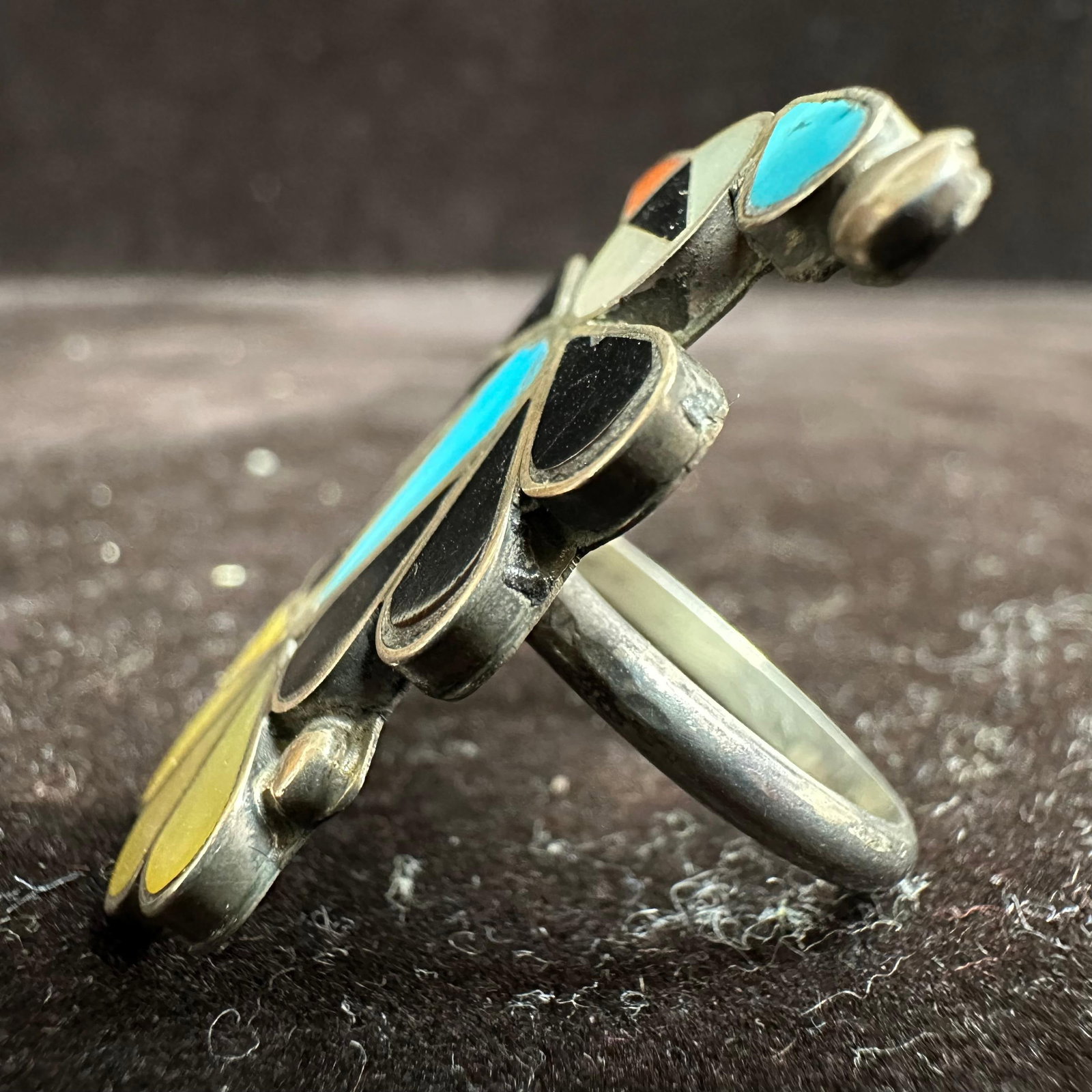 Multi Stone Inlay Zuni Thunderbird Style Silver Ring Unsigned - 6