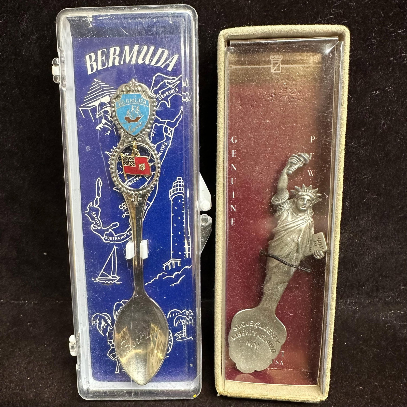 Set of Two Collector Spoons Bermuda and New York: This lot includes: (1) Bermuda Collectors' Spoon (1) Statue of Liberty Collector's Spoon Condition is used, and see photographs for additional details.