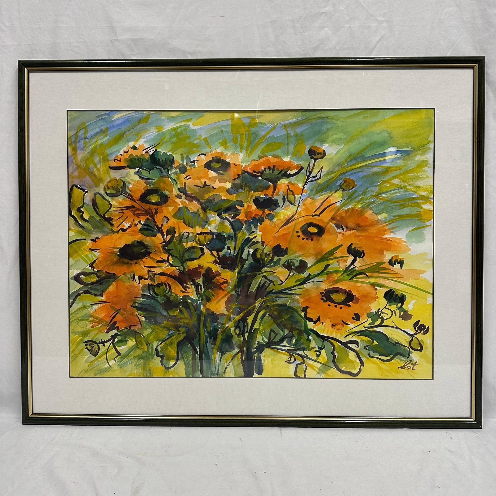 Watercolor Floral Orange Flower Arrangement Scene Signed Est: Vibrant watercolor painting of orange florals with expressive brushwork and layered color. Signed Est at lower right. Nicely presented in mat and frame behind glass. Artist unknown. This item is in pr