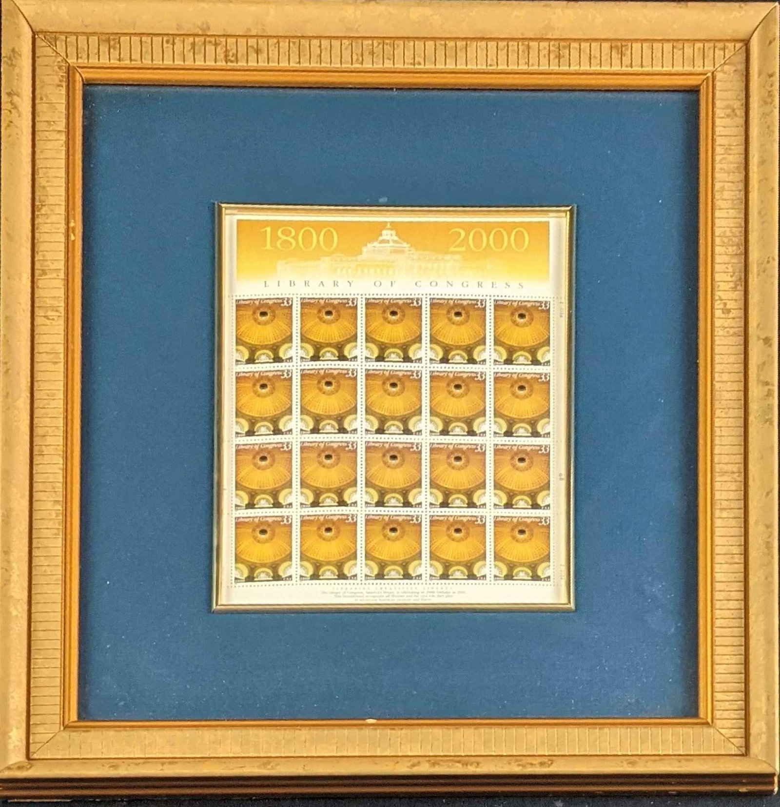 Framed Library of Congress Complete Sheet of 20 33¢ Stamps: Framed Library of Congress Complete Sheet of 20 33¢ Stamps. Stamps were released in the year 2000 to celebrate the 200th anniversary of the 'Library of Congress. Framed stamps are approx 14" x