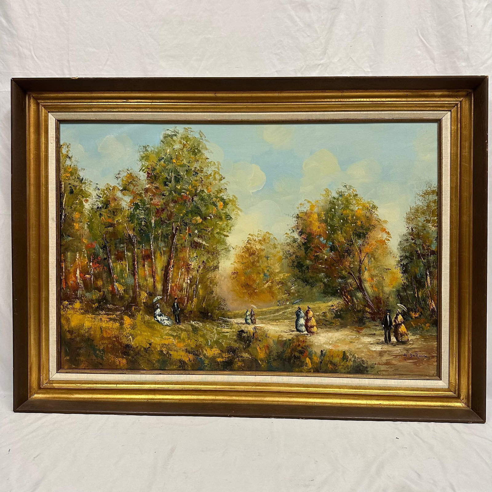 Vintage Oil on Canvas Autumn Landscape with Strolling Figures Signed A. DeRosa: Vintage oil landscape depicting an autumn park path with elegantly dressed figures walking beneath colorful foliage. Painted in a textured impressionist style with warm yellows, greens, and soft blues