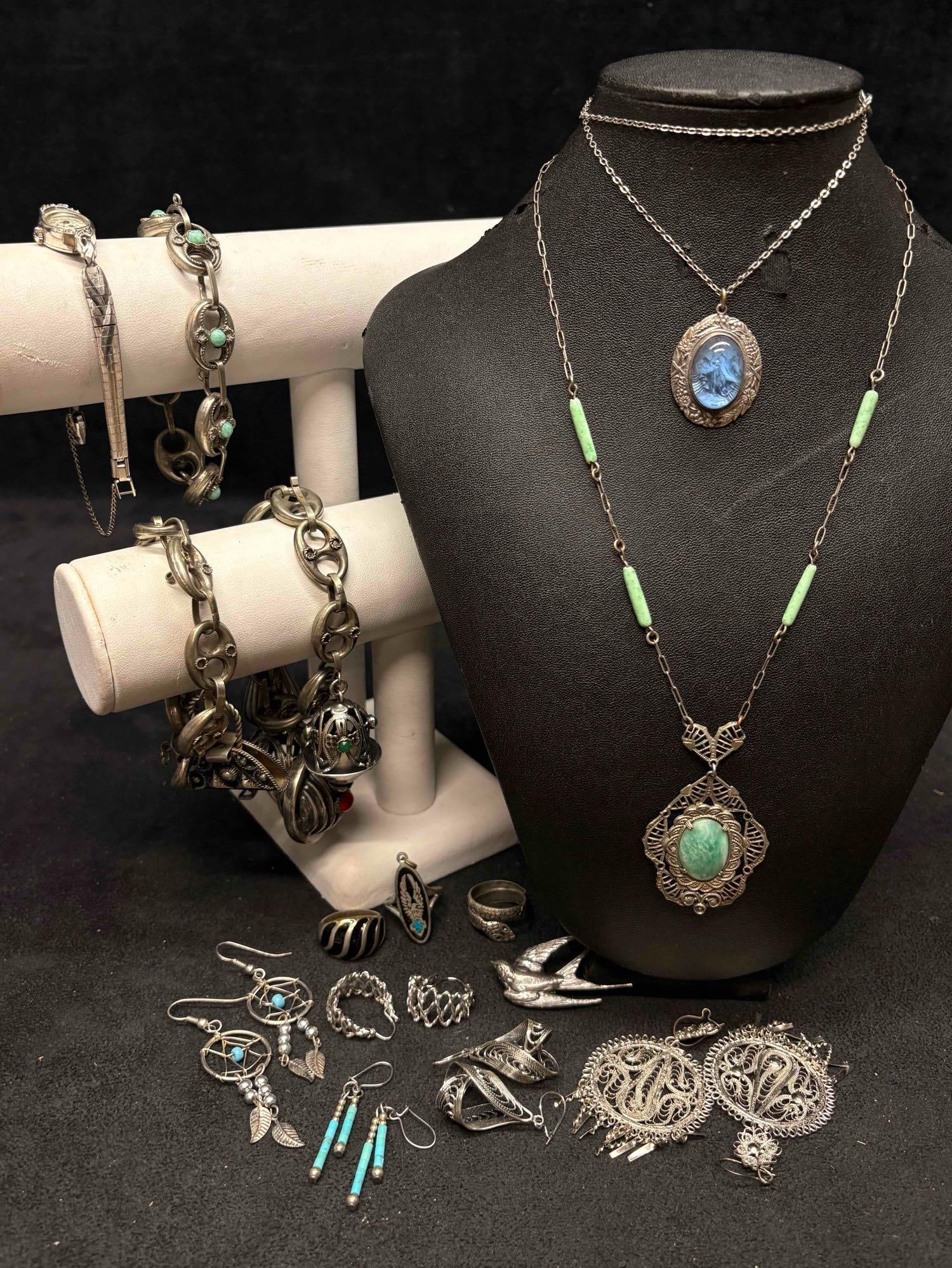 15pc Blue Green and Silver Tones Patina Peak Costume Jewelry Collection: This lot consists of 15 pieces of pre-owned costume jewelry, stylized just for you. Each piece does reflect minor wear and tear, but ultimately stand in beautiful conditions. Refer to images for