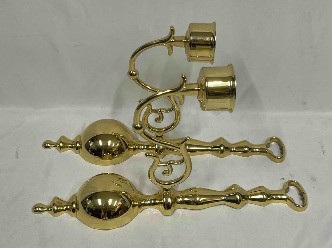 Pair Of Vintage Single Arm Solid Brass Wall Sconces - 2