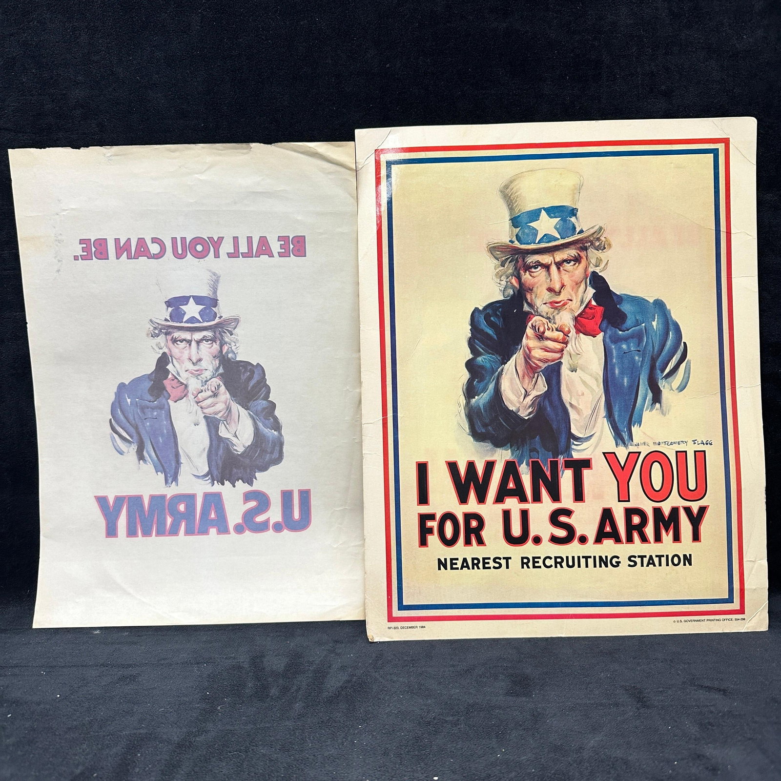 Vintage I Want You For US Army Uncle Sam Heat Transfer Poster: Vintage U.S. Army “I Want You For U.S. Army” Uncle Sam heat transfer poster featuring artwork after James Montgomery Flagg. Includes original transfer backing sheet with “Be All You 