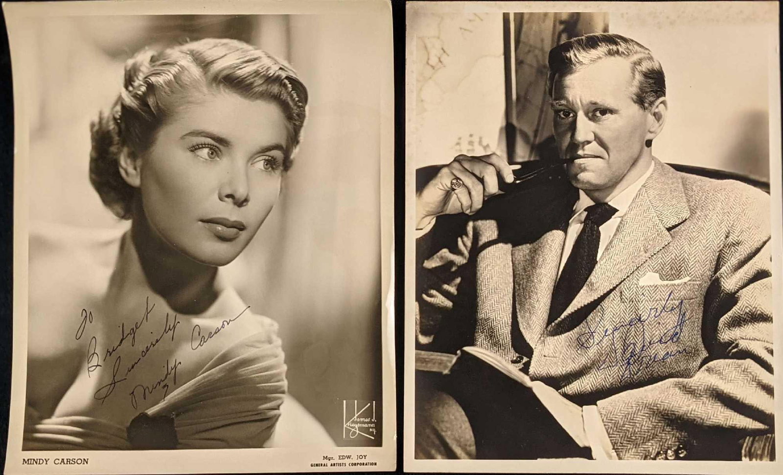 Vintage Autographed Mindy Carson & David Brian: This lot includes: (1) Autographed David Brian Publicity Photo (The Damned Don't Cry, This Woman Is Dangerous and more). This photo is approx 8" x 10". (1)Autographed Mindy Carson. Pop Voc