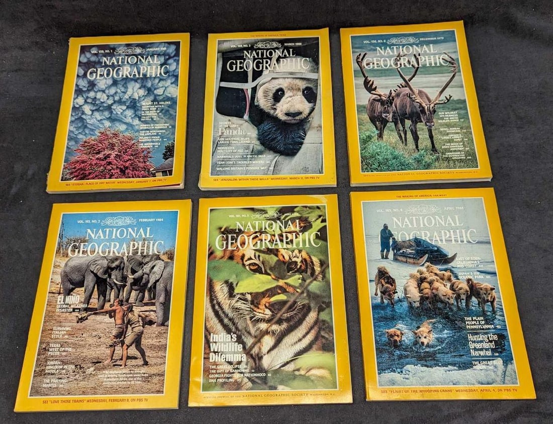 6 1970s 1980s 2000s National Geographic Magazines S: 6 1970s 1980s 2000s National Geographic Magazines S. This lot includes: (1) March 1986 - Secrets Of The Giant Panda. (1) December 1979 - Our Wildest Wilderness. (1) January 1981 - Mou