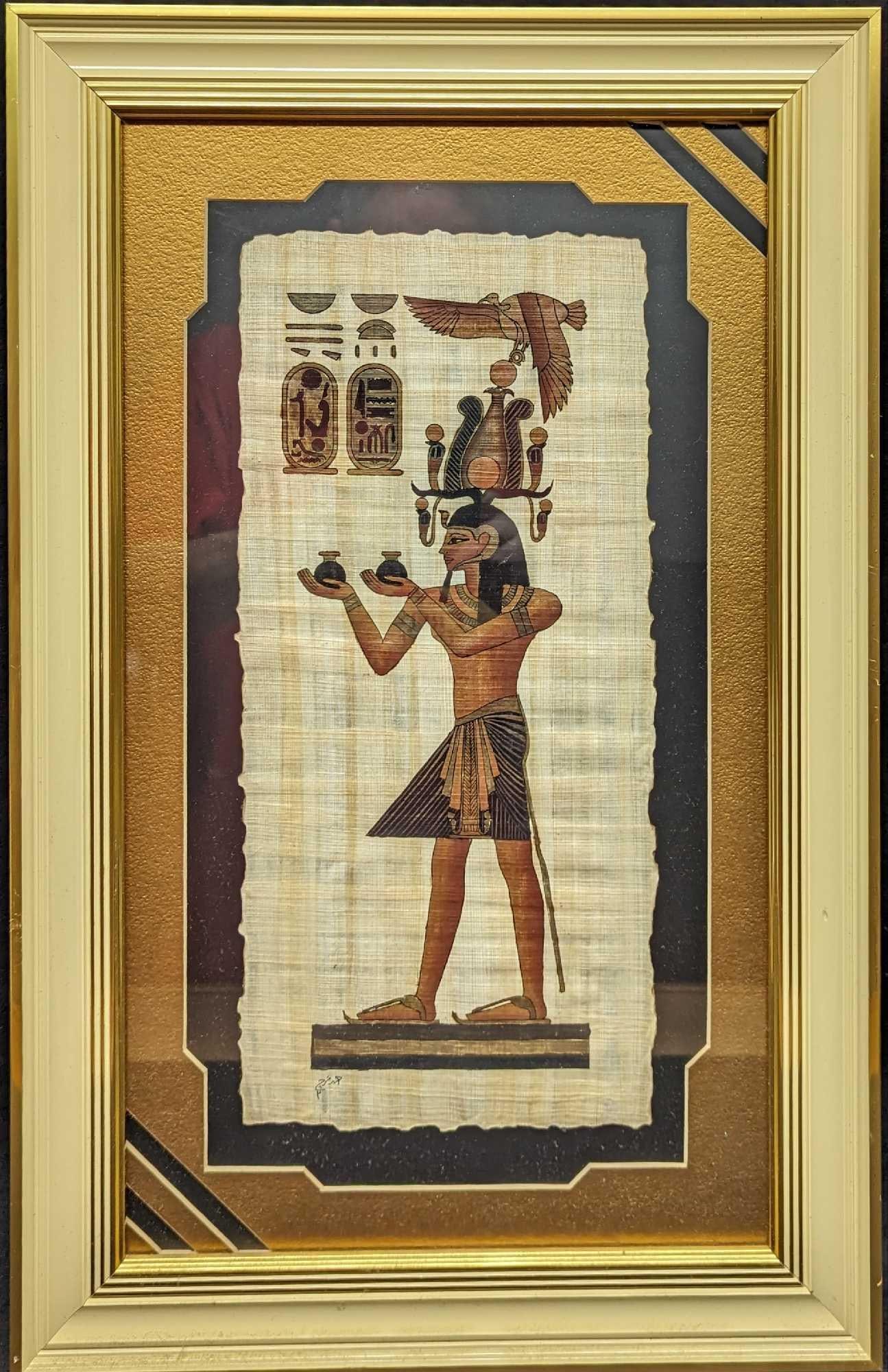 Vintage Framed Signed Egyptian Papyrus Painting Priest: Vintage Framed Signed Egyptian Papyrus Painting Priest. This is approx 14" x 1" x 22 1/4" and it weighs 3.60lbs. By The "Delta Papyrus Factory". The original was signed by the artist under the figure 